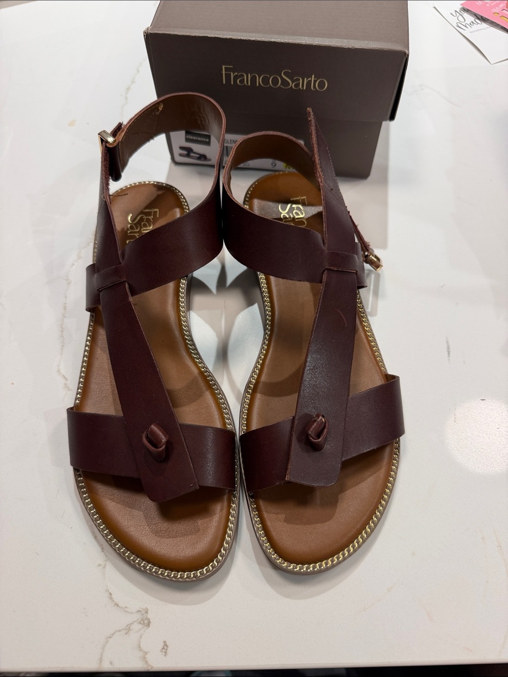 Franco Sarto Dark Brown Leather T-Strap Sandals with Gold Trim